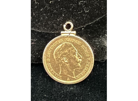 Kaiser Wilhelm II 20 Mark Gold Coin Pendant 1890  .900 Gold .2304 OZT Gold