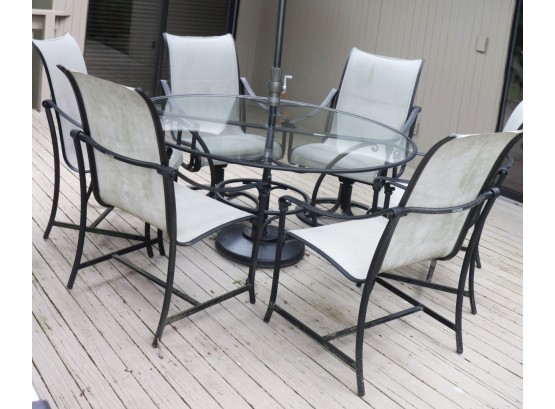 Brown Jordan Patio Set With 6 Chairs 2 Swivel Chairs And  Umbrella