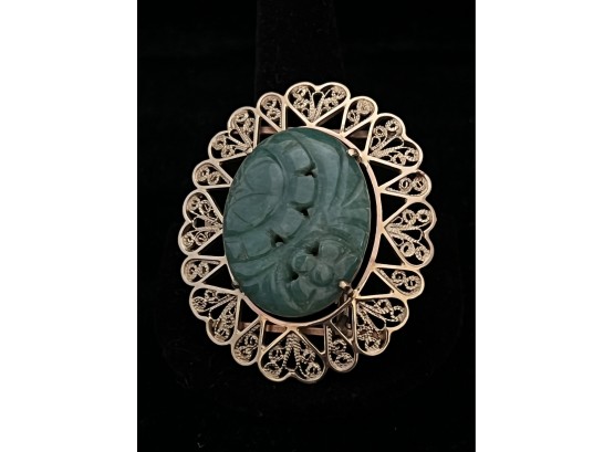 14k YG Carved Jade Pendant/Pin Set In Beautifully Detailed 14k Setting