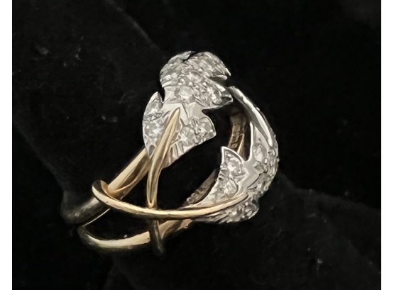 18K YG Attractive Diamond Leaf Design Ladies Ring - Size 6.25