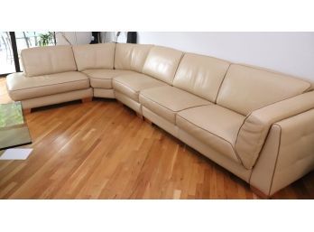 4 Pc Designer Italian Leather Sectional Sofa, Neutral Beige Tone With Piping & Pebbled Textured Leather, Qua