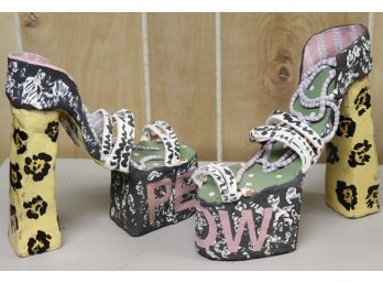 Pair Of Fun Pretty Shoe Art Sculptures  By Judy Hirschmann