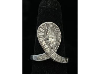 Ladies Loop Style, Baguette Platinum Ring With Gorgeous Marquise Diamond Center Stone - Size 6.5
