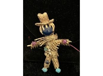 14k YG Whimsical Snowman Pendant/Pin Decorated With Diamonds, Sapphires, Topaz & Turquoise Stones