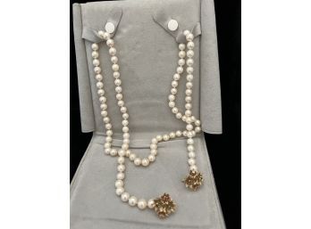30' Classy Pearl Necklace W/ Pair Of 14k YG Large Flower Clasps W/ Diamond And Ruby  Accents