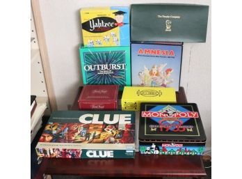 Board Games Cribbage Board, Monopoly 1935 Commemorative Edition With Metal Vase, Clue, Outburst, Amnesia