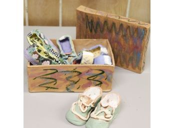 Collection Of Ceramic Art Sculptures Painted Shoes & A Trinket Box By Judy Hirschmann