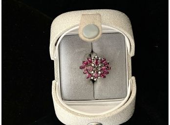 Sterling Silver Flower Design Ring W/ Rubies & Diamond Accents Size 6.5