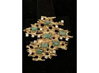 14k YG Magnificent Abstract Diamond & Emerald Broch/Pin