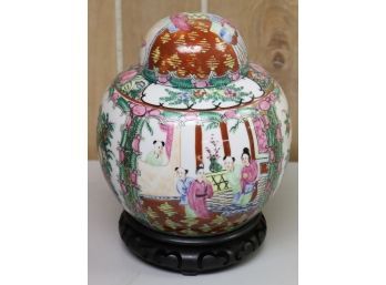 Gorgeous Hand Decorated Asian Style Ginger Jar With Lid & Wood Stand