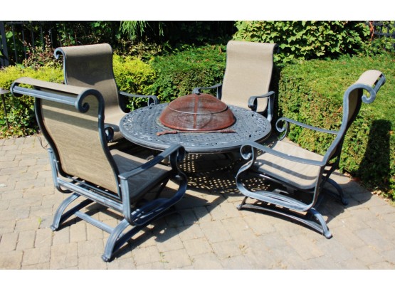 Outdoor Cast Aluminum Fire Pit Table With 4 Chairs/Gliders