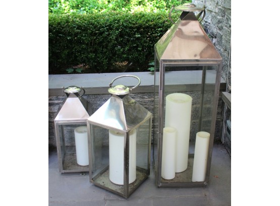 Collection Of 3 Large Outdoor Lanterns With Candles Great For Summer Nights!