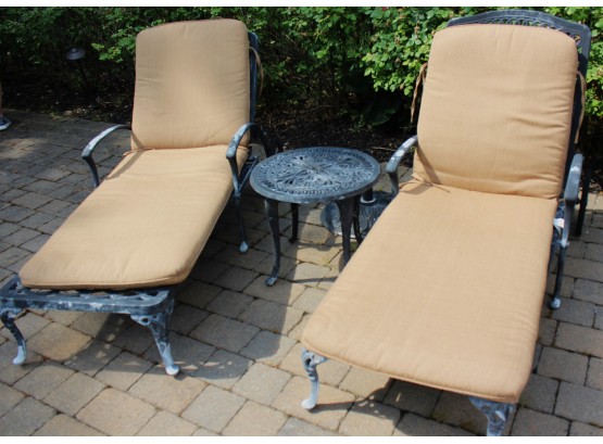 2 Outdoor Cast Aluminum Lounge Chairs, Includes Umbrella Stand & Small Table