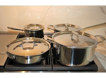 All Clad Cookware With Covers Includes A Frying Pan, Sauce Pot & Smaller Pots As Pictured