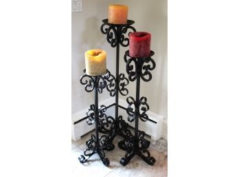 Set Of 3 Heavy Tall Ornate Wrought Iron Candle Pillars With Decorative Candles