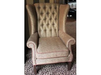 Fabulous Wingback/Tufted Back Arm Chair With Custom Upholstery & Beautiful Piping Along The Edges