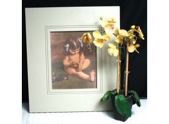 Framed Print Of An Innocent Little Girl In A Wood Frame Includes Faux Floral Display As Pictured