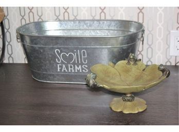 Frog Pedestal Dish & New Unused Smile Farms Personalization Mall  Metal Planter Basket