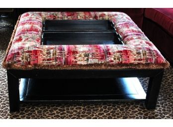 Large Oversized Table With Cushions & Removable Wood Trays In The Center, Beautiful Custom Fabric Along Th