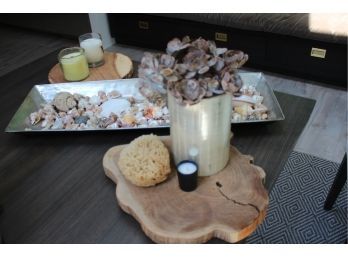 Assortment Of Pretty Seashells & Wood Boards & More Assorted Sized Pieces As Pictured Includes Large Tray