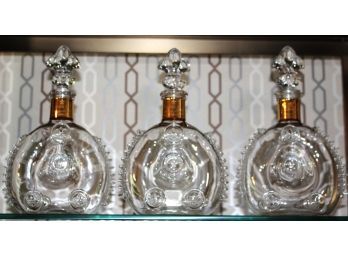 Set Of 3 Fabulous Baccarat Remy Martin Crystal Bottles With Fleur De Lis Stoppers