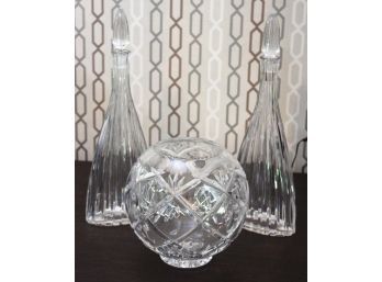 Beautiful Waterford Crystal Vase With 2 Tall Contemporary Glass Decanters That Includes Stoppers