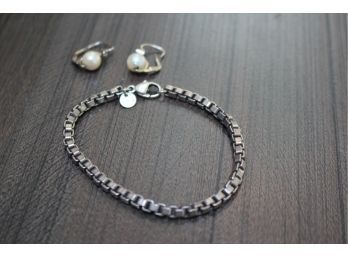 Tiffany & Co Sterling Bracelet Includes Pair Of Sterling Earrings With Pearl Like Accent