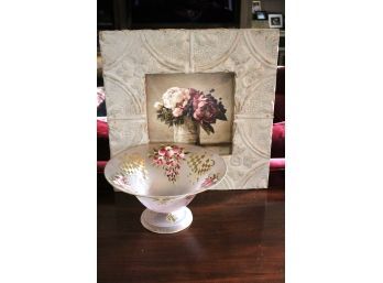 Large Floral Centerpiece Bowl Signed By The Artist & Framed Floral Picture In An Embossed Frame