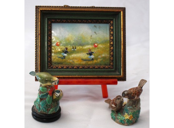 Antique Enamel On Copper Miniature Painting By Charles Parthesius On Easel & Miniature Bird Figurines