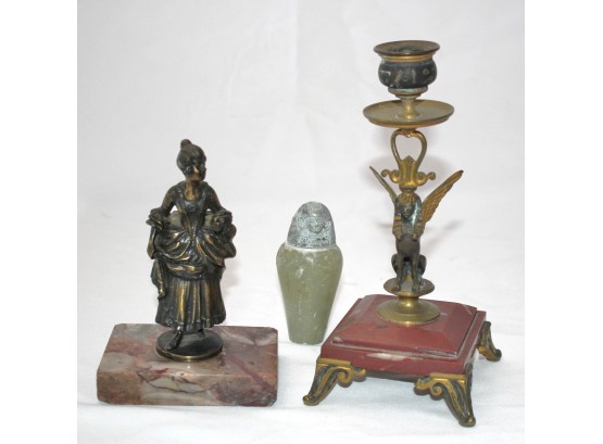 Small Bronze Of A Woman Signed By The Artist Campbell, King Tut Style Snuff Bottle & Egyptian Style Candle