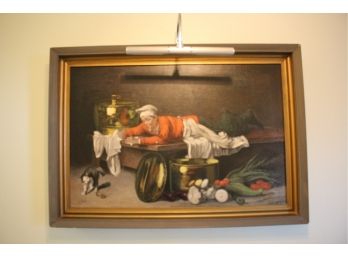 Signed Painting By Artist A. Nantel Of A Chef Playing With A Cat With A Spool Of Thread