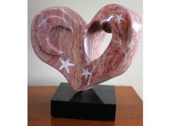Carved Polished Marble Heart On Swivel Base, Unique Design With Hearts Moon & Stars