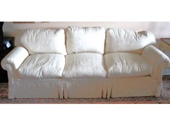 Elegant Damask Fabric Upholstered Sofa With Poles On The Bottom To Keep The Skirt Flat- Quality Well-Made