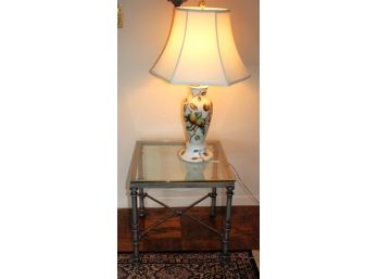 Ornate Metal Side Table With A Painted Metallic Finish, A Glass Top & Pretty Hand Painted Table Lamp