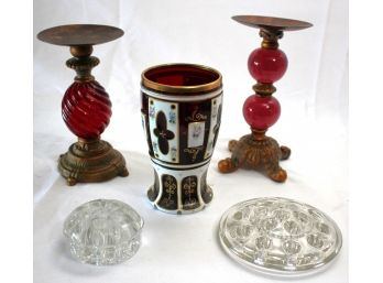 Beautiful Painted Glass Cup, Frog Vase & Pretty Cranberry Colored Candle Pillars,