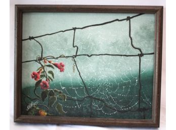 Signed Painting By Jh Adams Of Pretty Flowers & A Glistening Spider Web