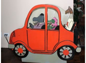 Fun Vintage Handmade/Hand Painted Folk Art Of Animals Dressed Up & Driving In A Car