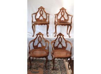 4 Italian Carved Wood Armchairs With Cane Detailing & Amazing Curved Design