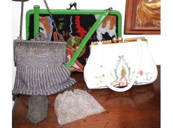 Silver Mesh Purse, White Beaded Bag, Beaded Bag By Christiana With Green Border