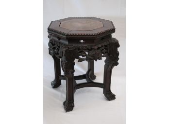 Highly Carved Asian Style Pedestal With Stone Insert Signed On The Bottom