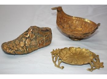 Vintage Wood Shoe Form With Brass Embellishments Throughout, Brass Metal Floral Soap Tray & Ornate Embosse
