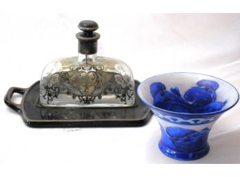Vintage Glass Perfume Bottle With Sterling Overlay As Pictured, Blue & White Candle Holder Made In England