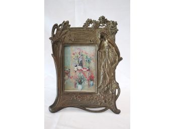 Gorgeous Art Nouveau Cast Metal Picture Frame With Floral Print