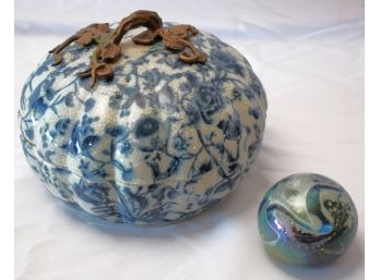 Beautiful Blue & White Shaped Gourd Trinket Box With Ornate Metal Handle & Blown Glass Paperweight By Eickh