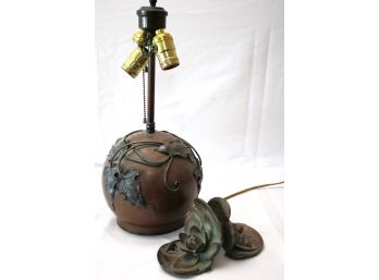 Antique Copper Table Lamp With Foliage Detail & Heavy Metal Lily Pad Bookends With A Patinated Finish Very