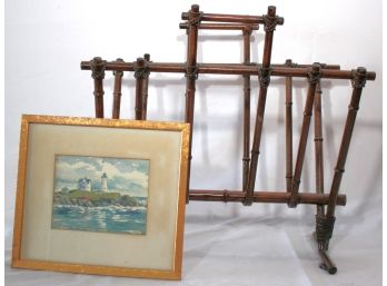 Asian Style Metal Magazine Stand & Watercolor Signed By Kraus In The Frame