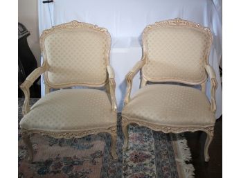 Pair Of French Country Style Armchairs, Padded Arms, Quality Textured Linen Fabric, Nice Distressed Finish