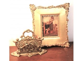 Art Nouveau Brass Letter Holder & Small Painting With Markings On The Back