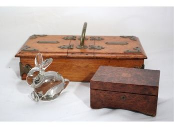 Vintage Ornate Wood Cigar Box, Pretty Music Box (Not In Working Condition) & Small Glass Rabbit Paperweight