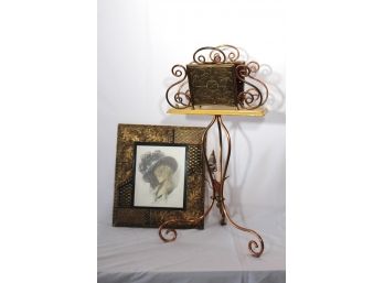 Harrison Tistler 1907 Boudoir Print In An Ornate Frame Signed Print & Ornate Book Stand With Copper Base